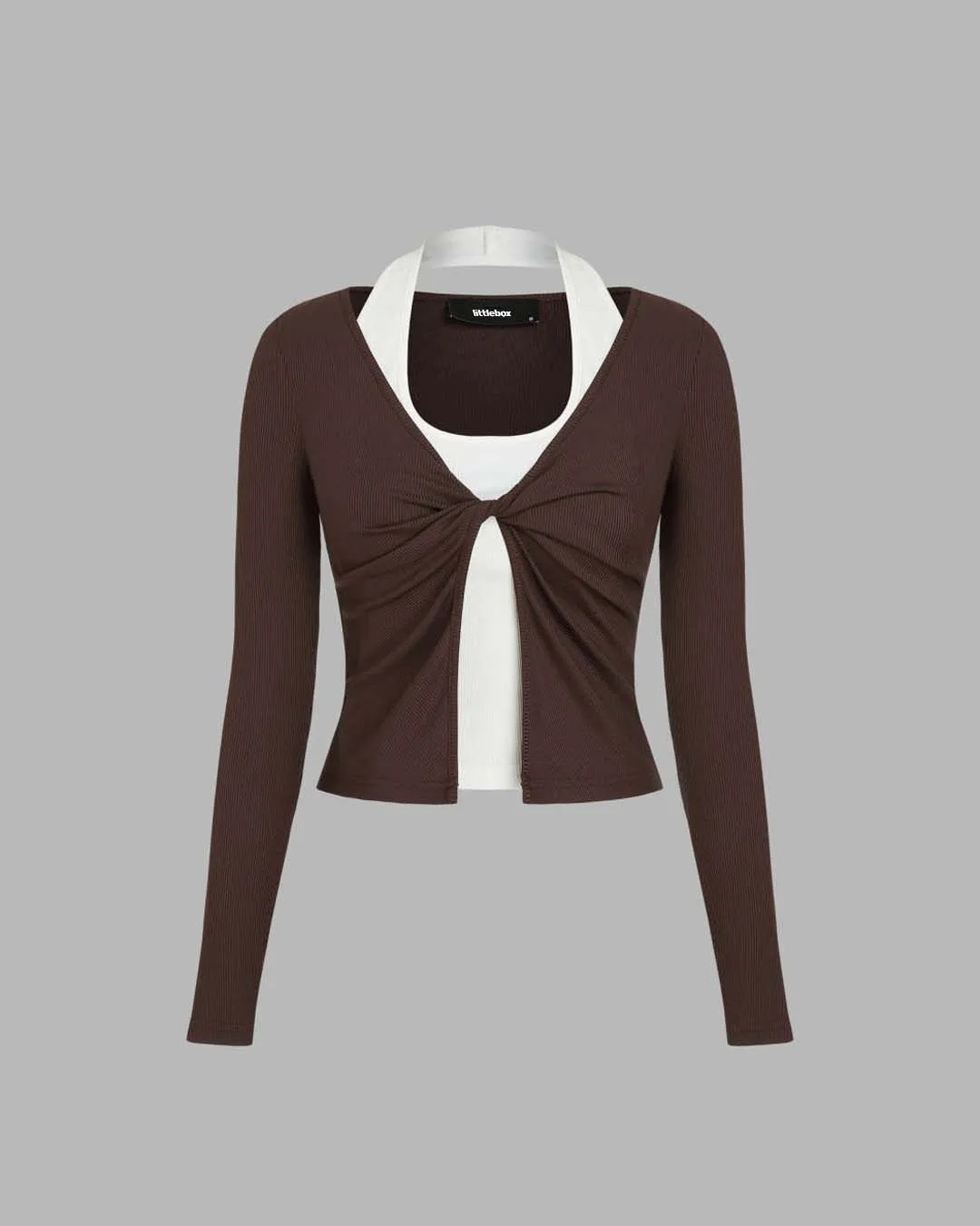 Contrast Color Front Knot Ribbed Top in Chocolate Brown And White