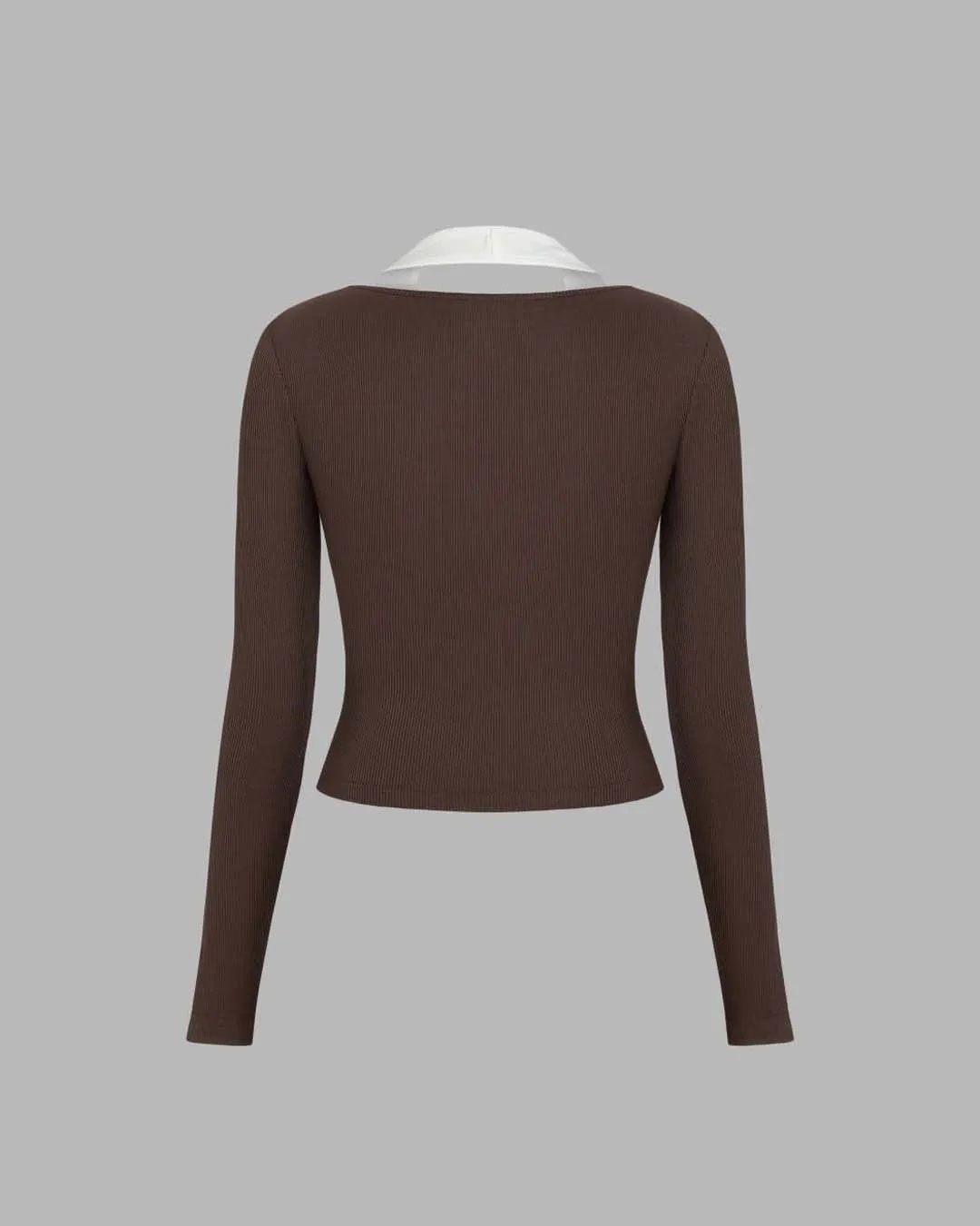 Contrast Color Front Knot Ribbed Top in Chocolate Brown And White - Image 2
