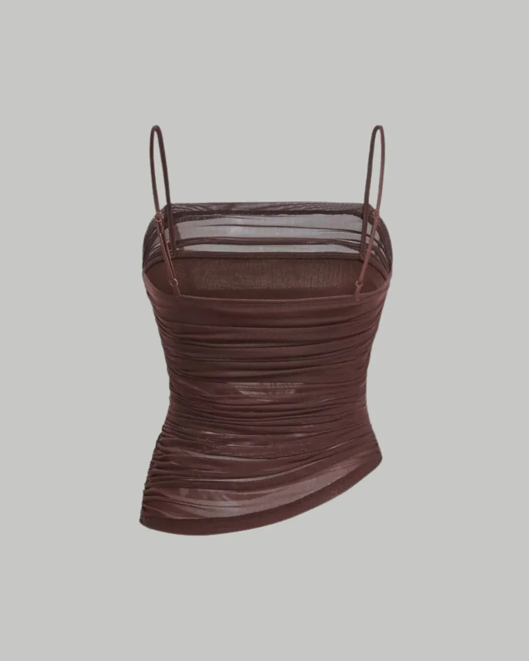Contrast Mesh Ruched Brown Cami Top - Image 2