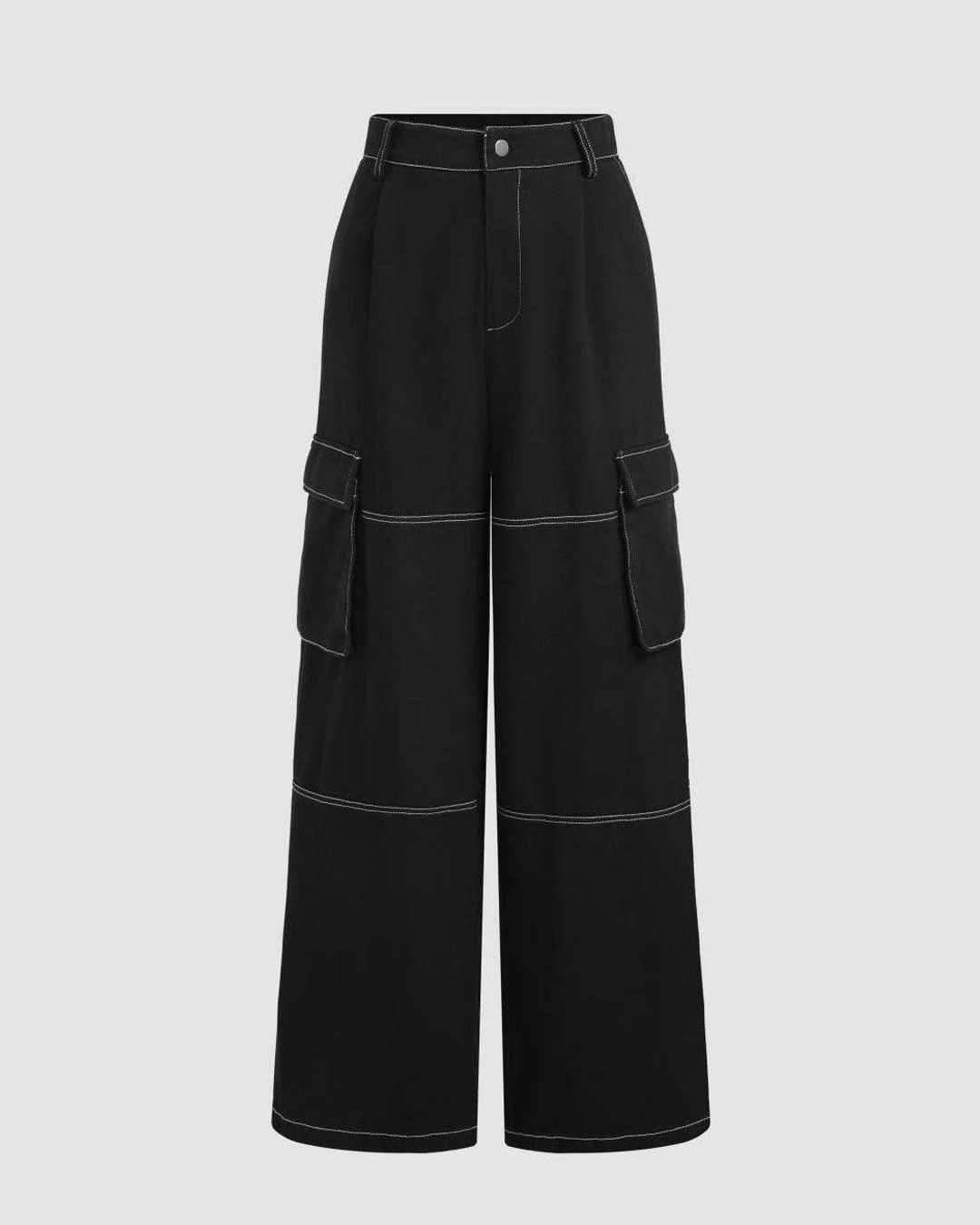 Contrast Stitch Pockets Baggy Women’s Cargo In Black