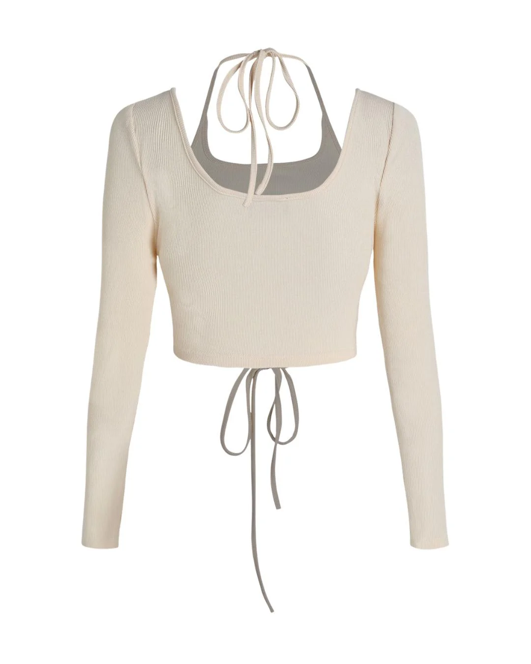 Corset Style Tie Around Full Sleeve Ribbed Apricot Top - Image 2