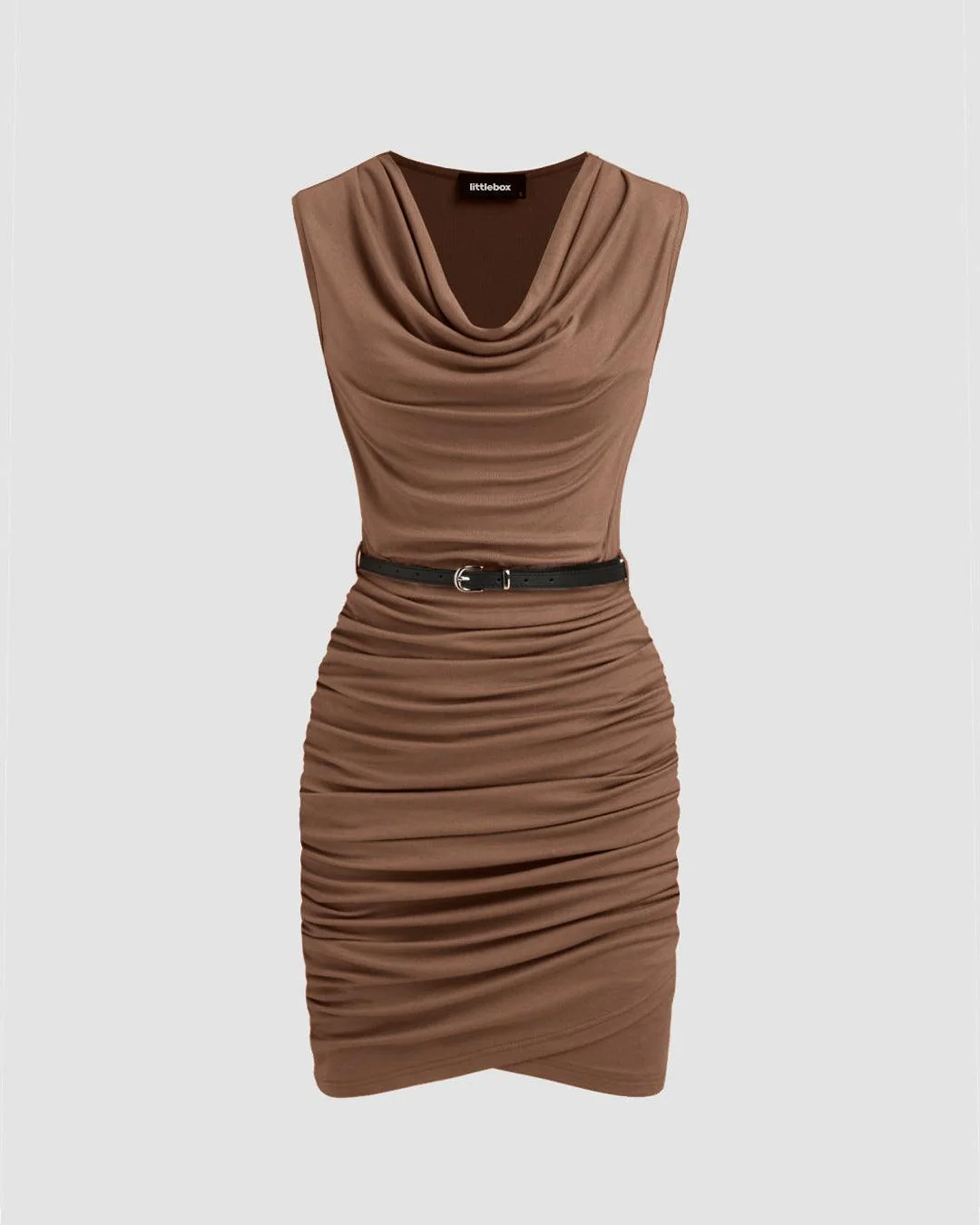 Cowl Neck Ruched Solid Mini Dress Without Belt In Brown