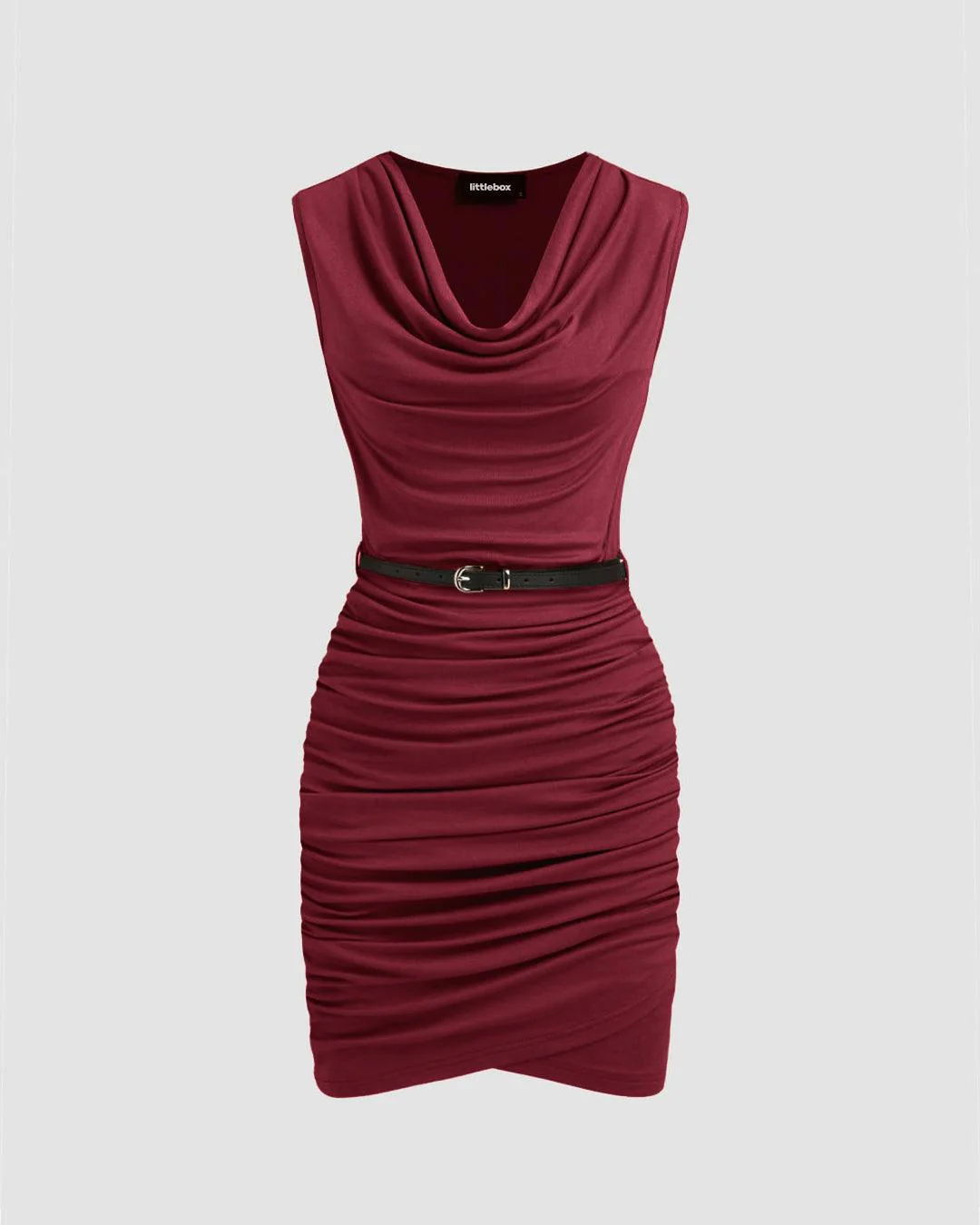 Cowl Neck Ruched Solid Mini Dress Without Belt In Maroon