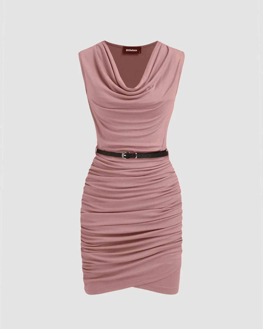 Cowl Neck Ruched Solid Mini Dress Without Belt In Pink