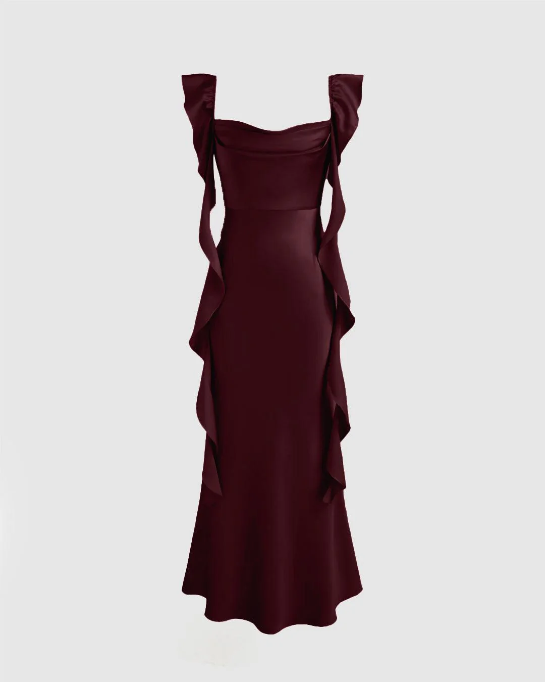 Cowl Neck Ruffle Maxi Dress In Wine
