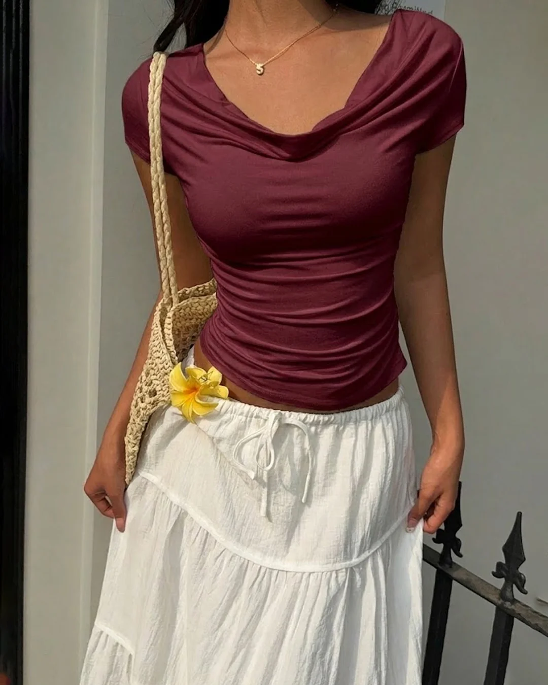 Cowl Neck Short Sleeve Ruffle Fitted Top in Maroon