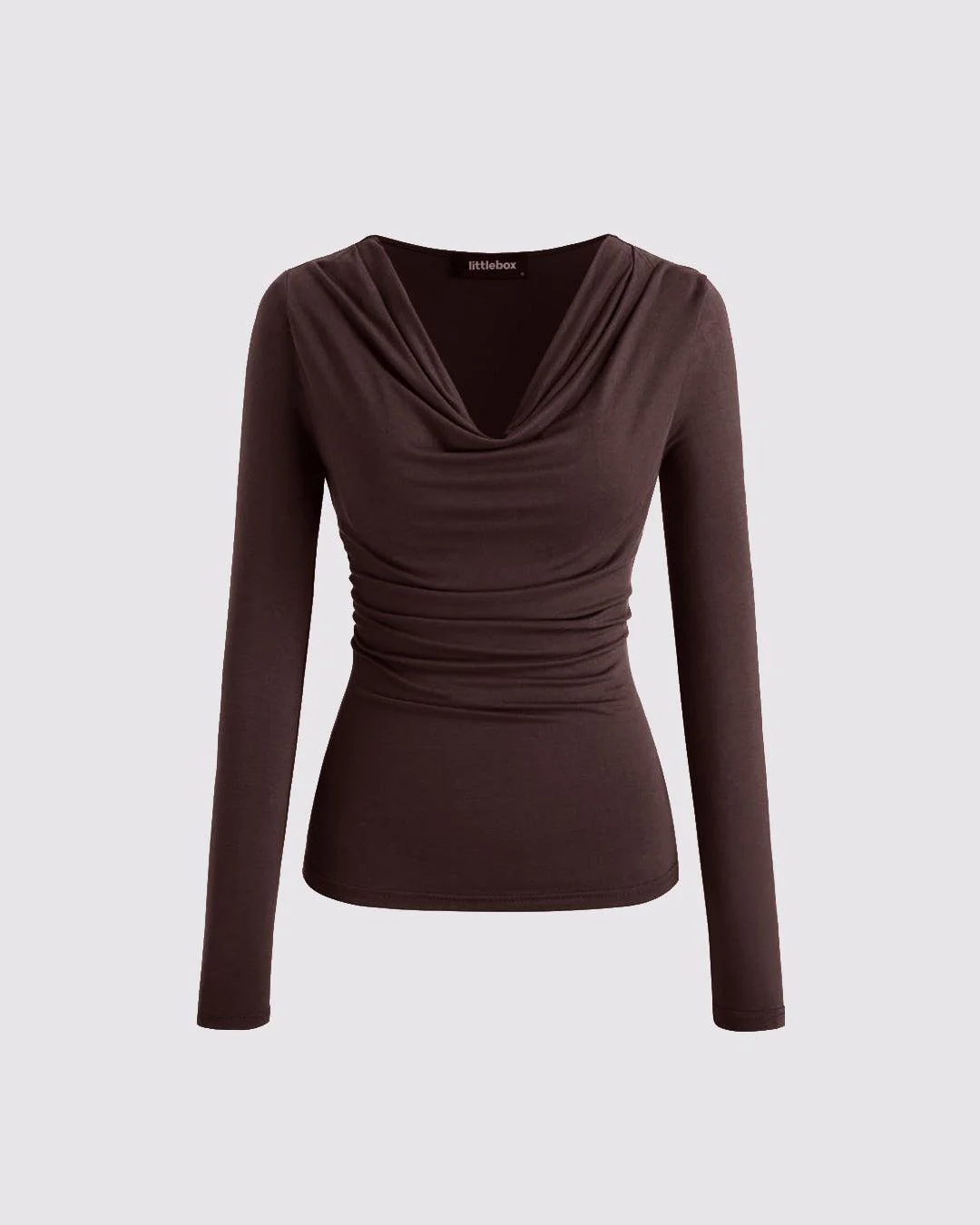 Cowl Neck Solid Ruched Long Sleeve Chocolate Brown Top