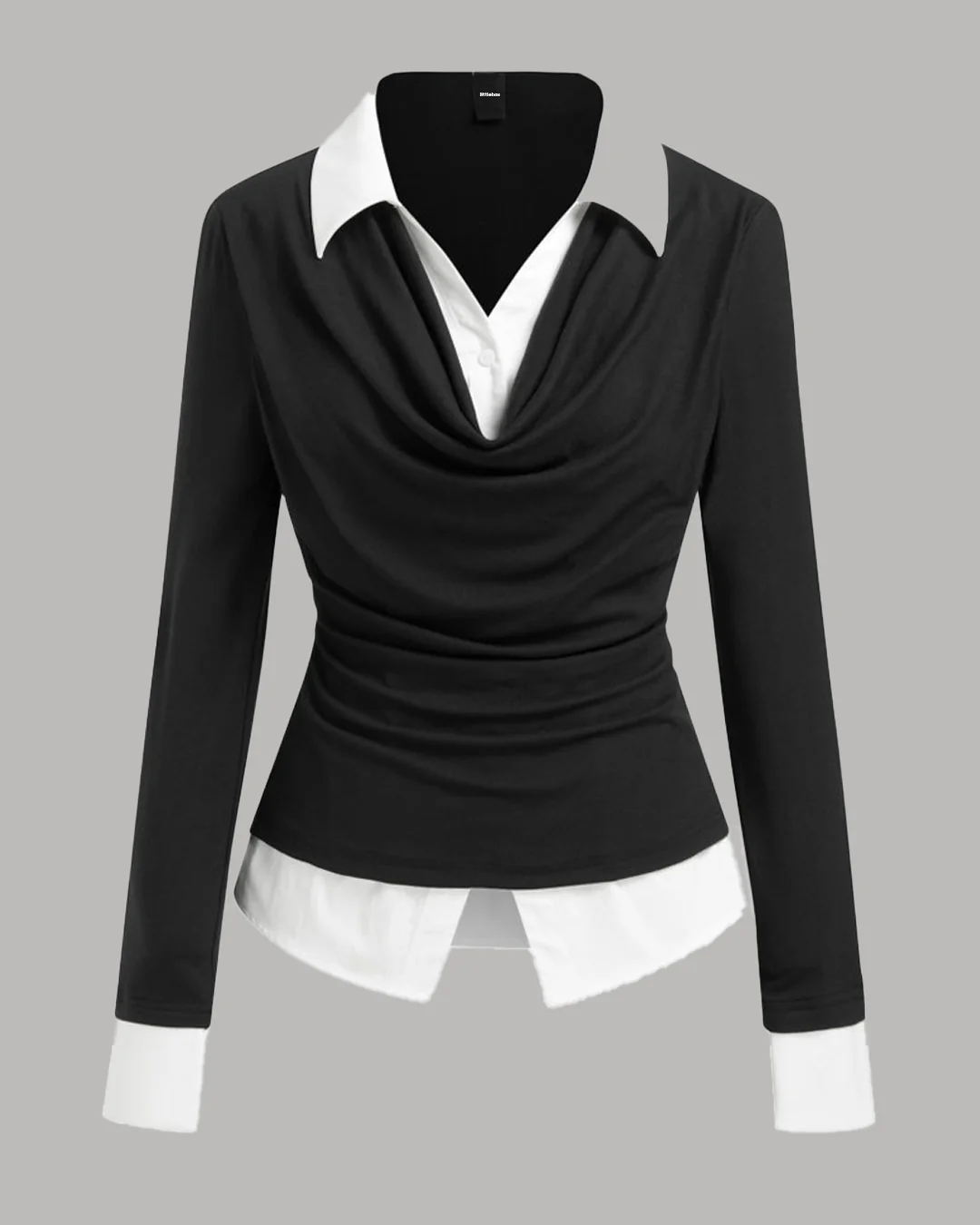 Cowl Neck Two Tone Ruched Long Sleeve Top in Black