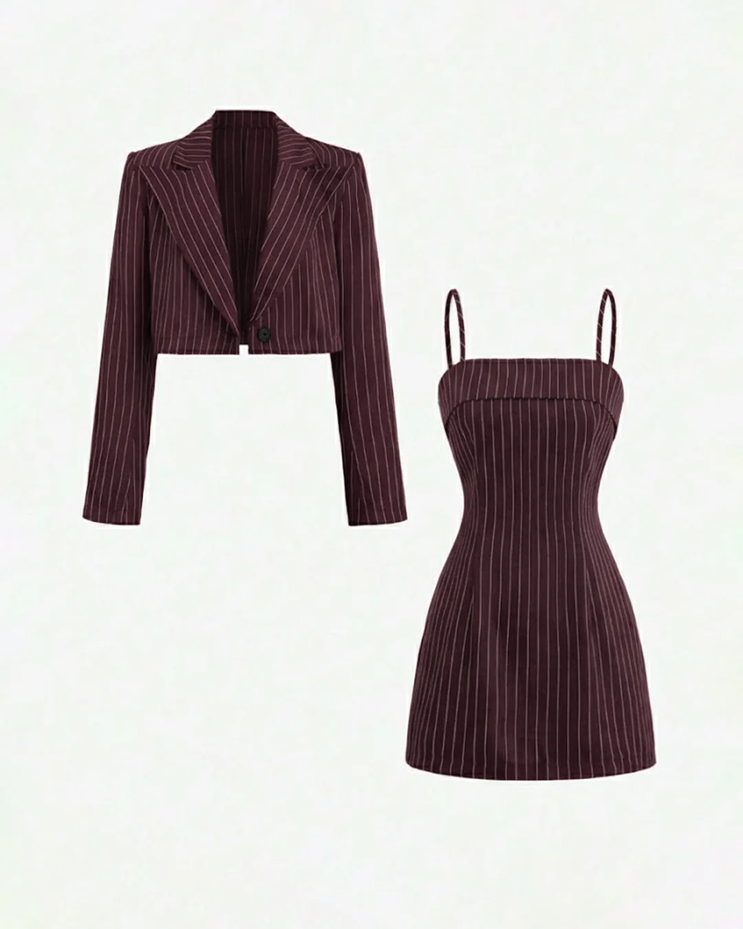 Cropped Pinstripe Blazer and Sleeveless Pinstripe Mini Dress Set