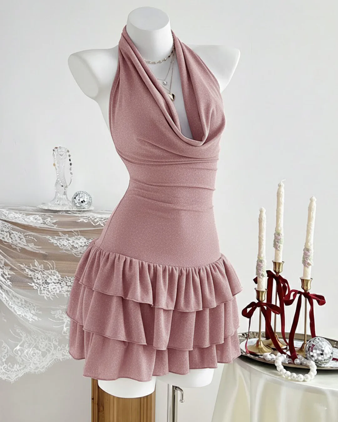 Deep Draped Neck Ruffle Hem Backless Mini Dress in Dusty Pink