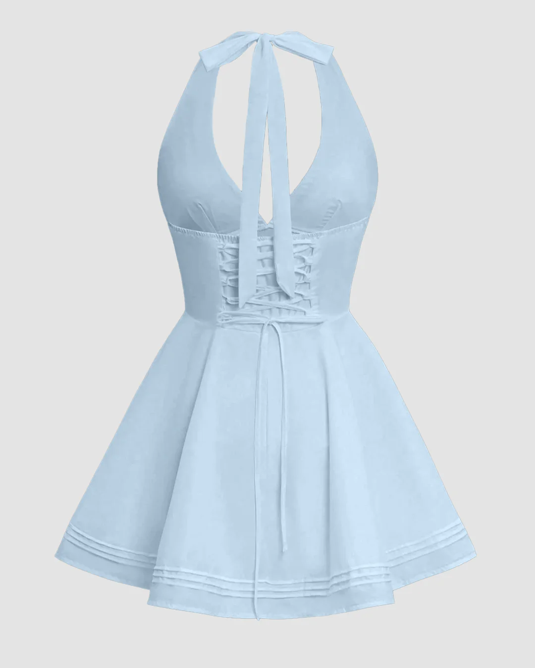 Deep V-Neck Bow Back Strap Waist Cinching Short Dress in Sky blue - Image 2