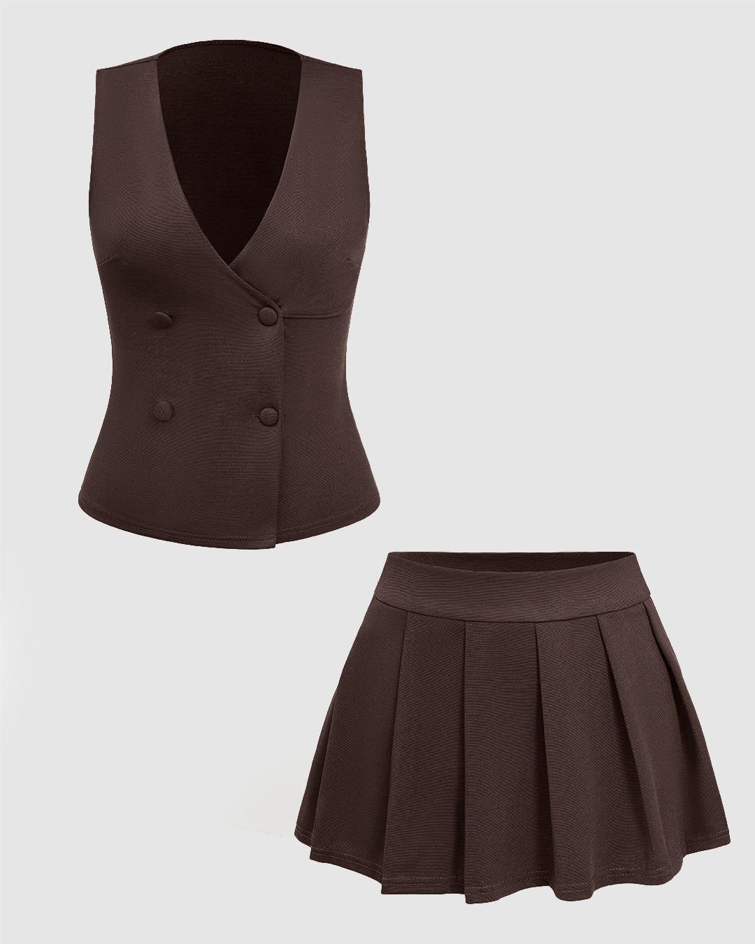 Double Breasted Sleeveless Vest and Pleated Skirt Set In Brown