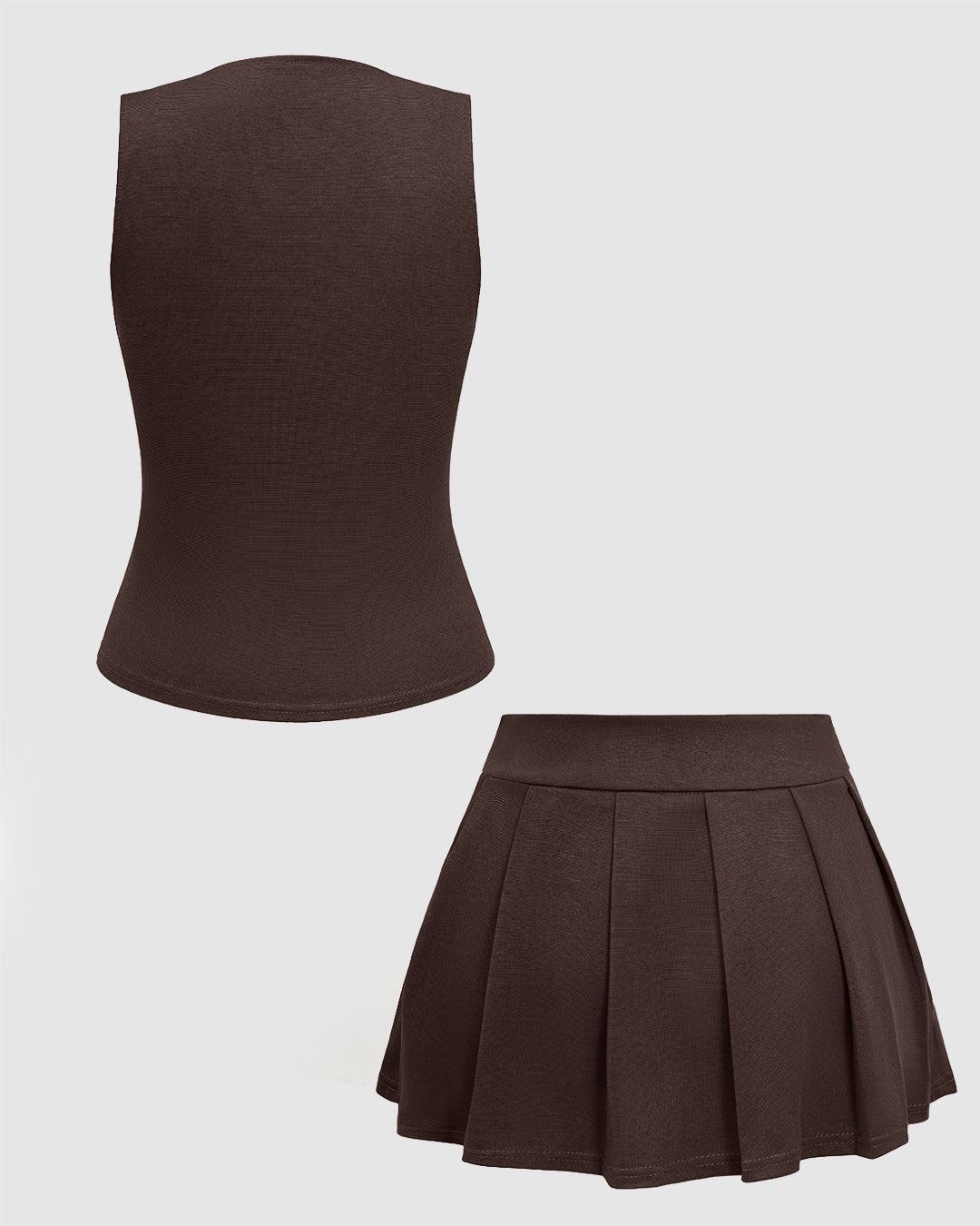 Double Breasted Sleeveless Vest and Pleated Skirt Set In Brown - Image 2