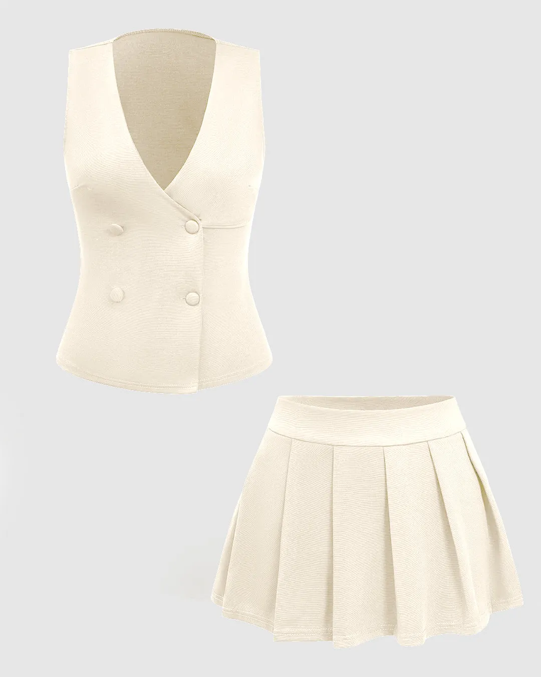 Double Breasted Sleeveless Vest and Pleated Skirt Set In Off-white