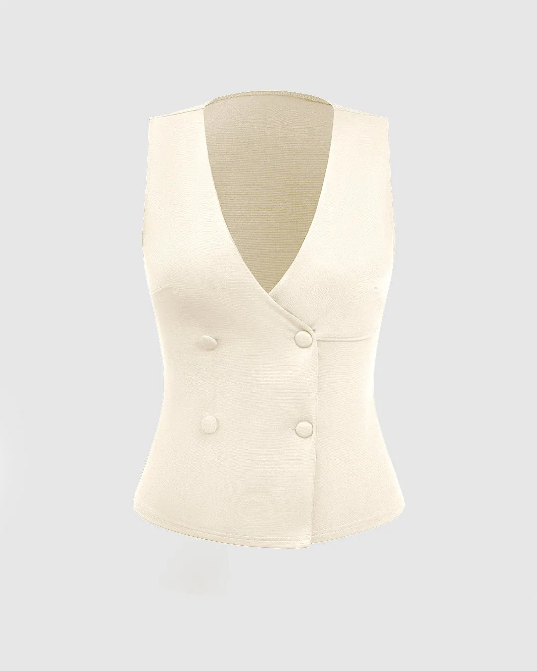 Double Breasted Sleeveless Vest and Pleated Skirt Set In Off-white - Image 3