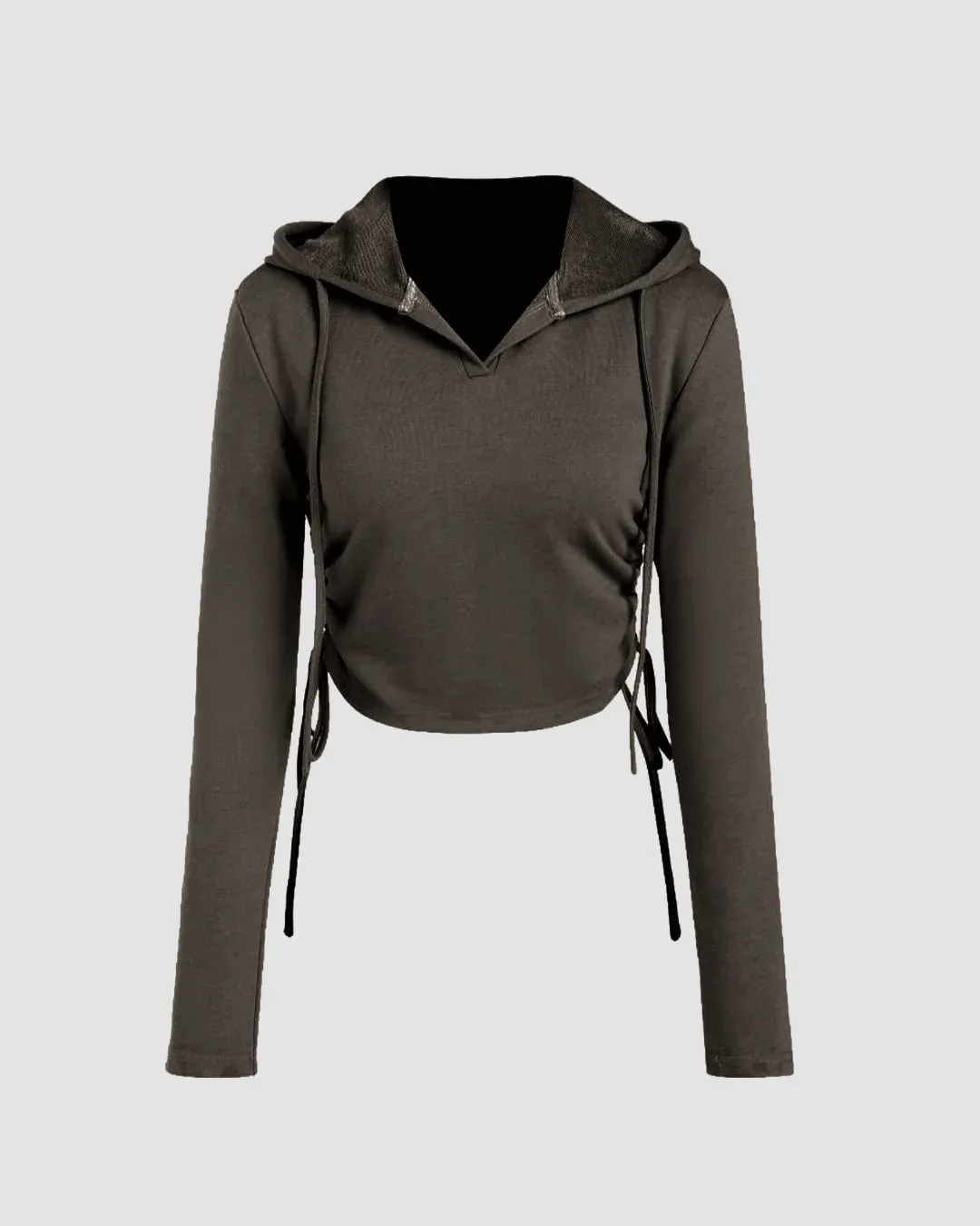 Drawstring Hooded Long Sleeve Top In Olive Green