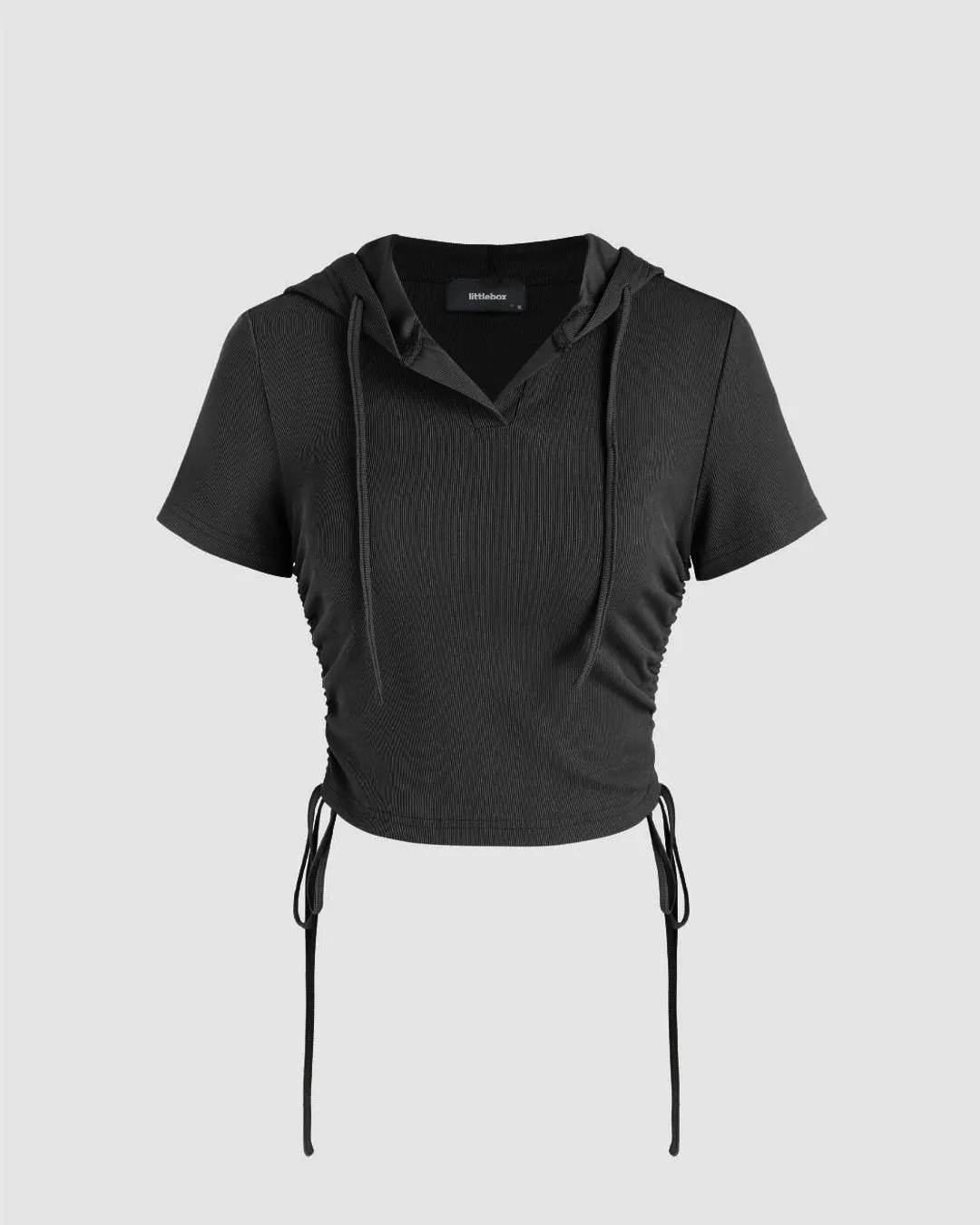 Drawstring Hooded Short SleeveTop In Black