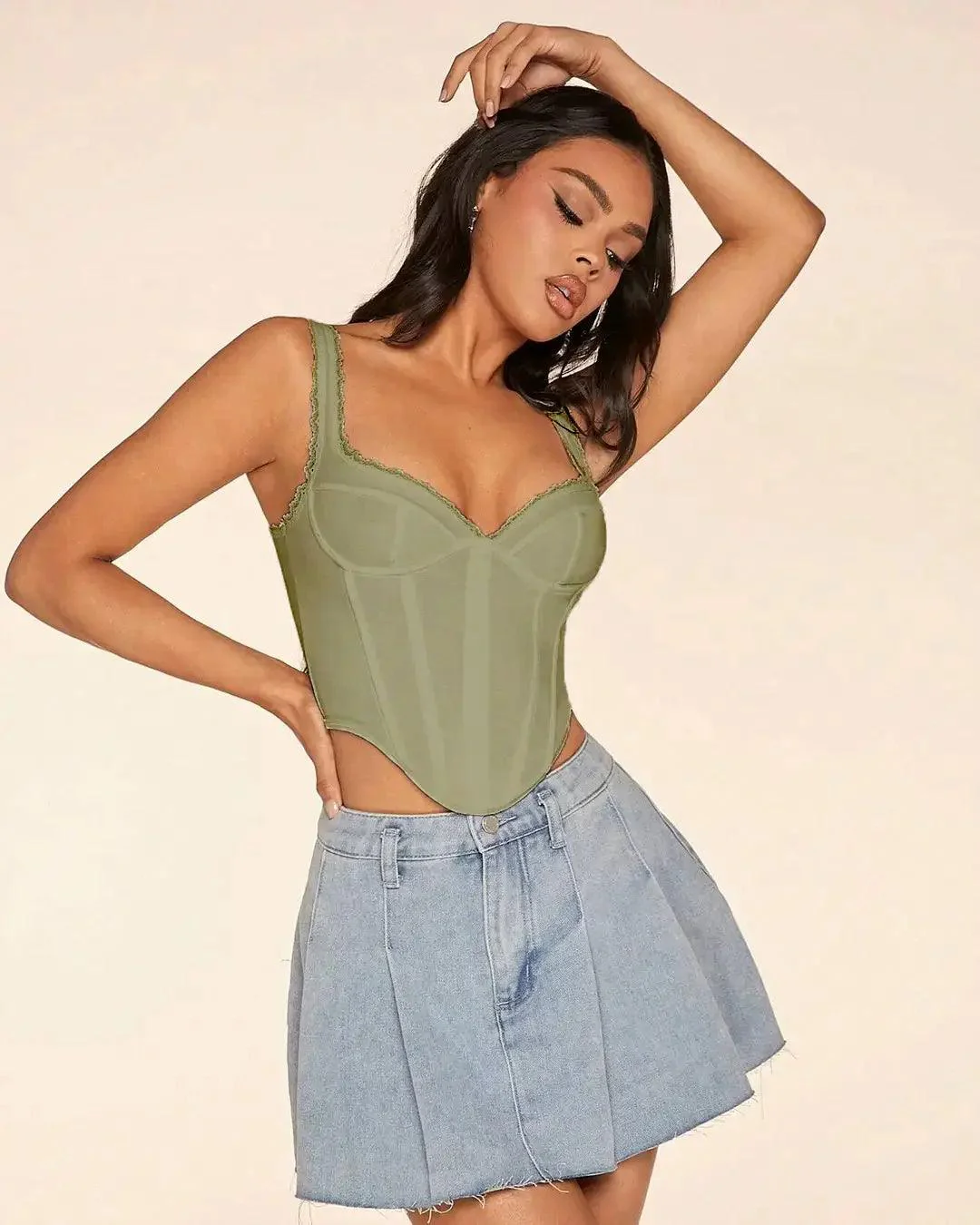 Fancy Lace Patchwork Corset Seam And Asymmetrical Cami Top In Herbal Green - Image 2