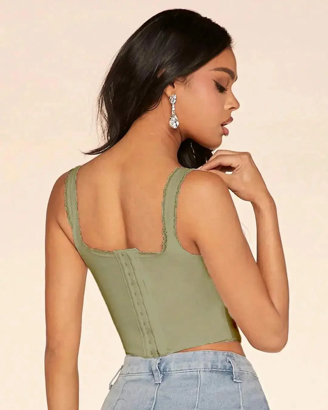 Fancy Lace Patchwork Corset Seam And Asymmetrical Cami Top In Herbal Green - Image 3