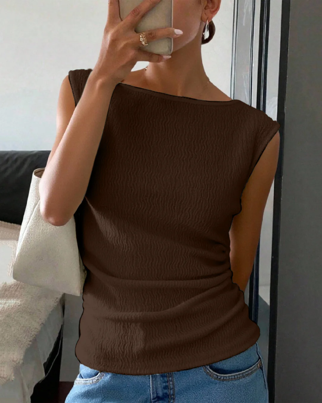 Fitted Cap Sleeve Textured Tank Top in Coffee