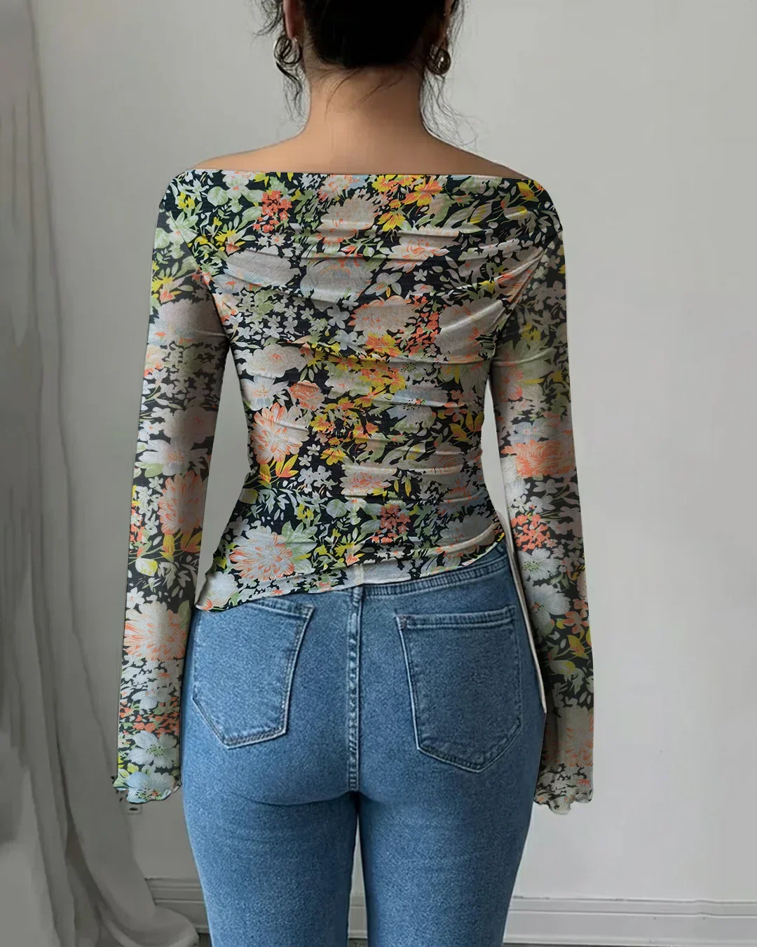Floral Boat Neck Slim Fit Asymmetrical Hem Full Sleeve Top - Image 2