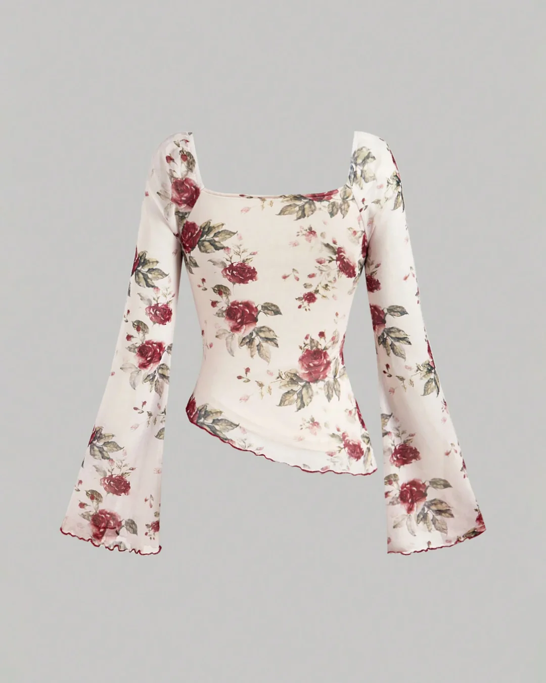 Floral Bowknot Tie Asymmetrical Hem Bell Sleeve Top - Image 2