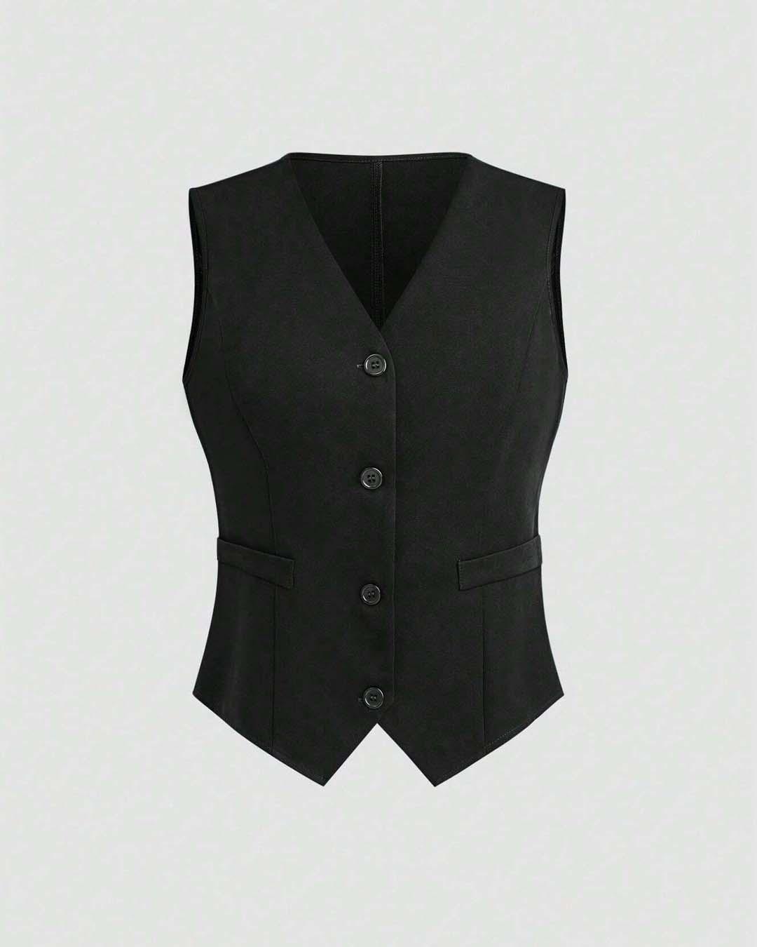 Front Button Sleeveless Faux Pocket Simple Casual Vest