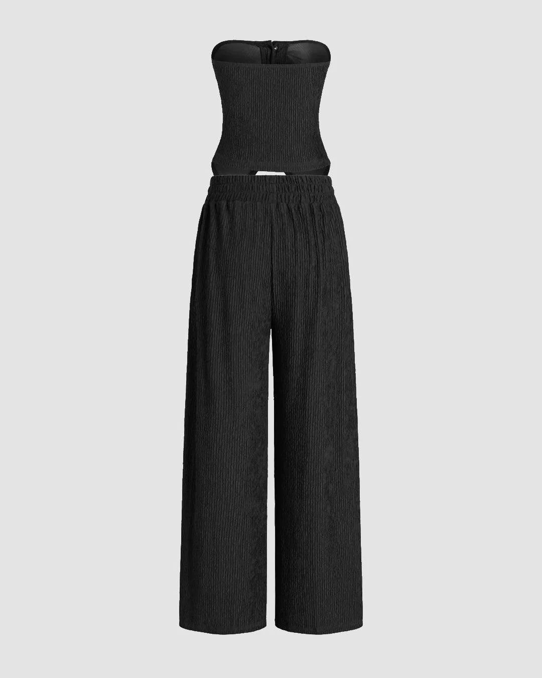 Front Button Tube Top & Wide Leg Pant In Black - Image 2