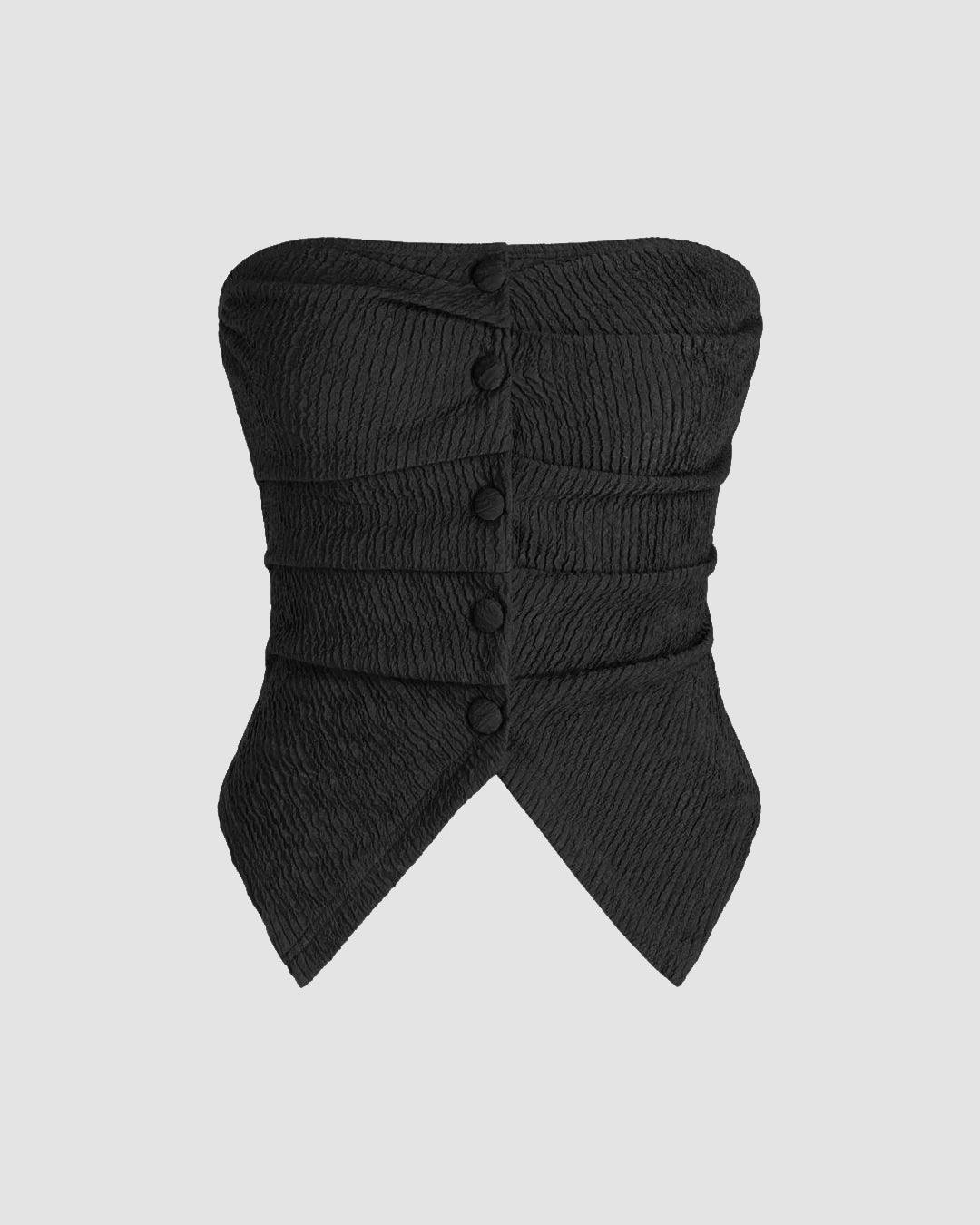 Front Button Tube Top & Wide Leg Pant In Black - Image 3