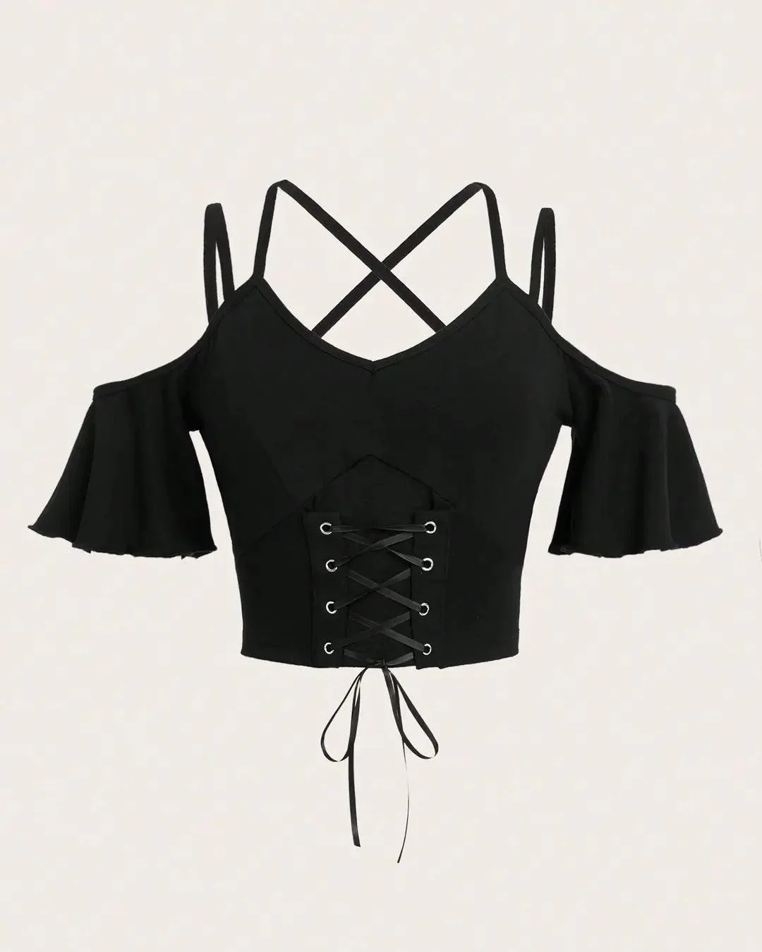 Gothic Lace Up Front Cold Shoulder Black Top