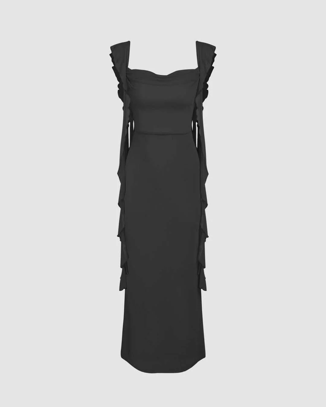 Halter Neck Mesh Ruffle Black Maxi Dress