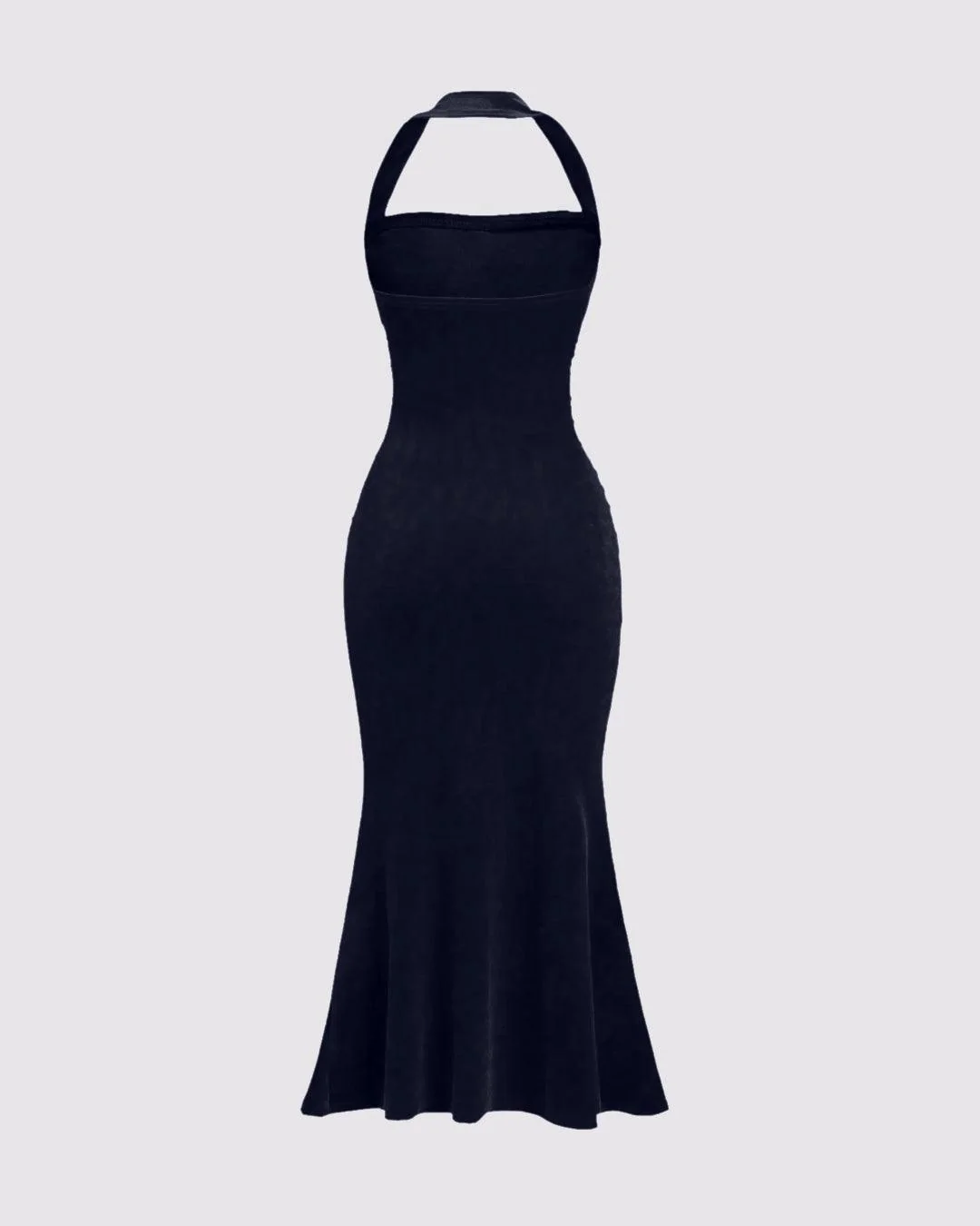 Halter Neck Ruched Backless Mermaid Dress In Navy Blue - Image 2