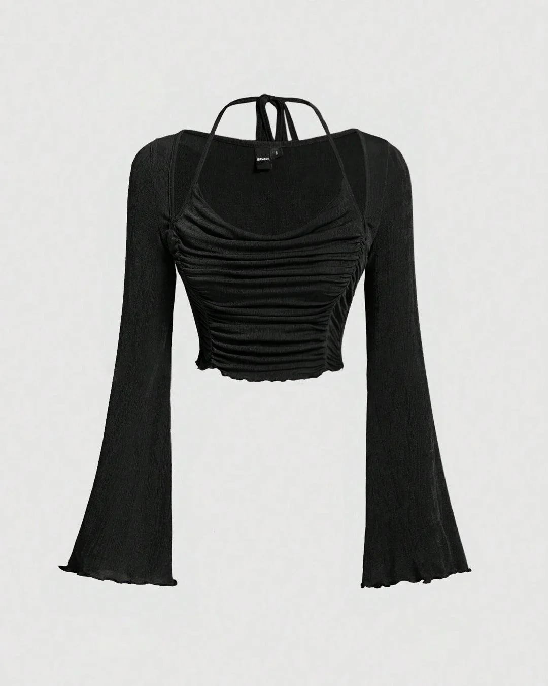 Halter Neck Tie Back Ruched Bell Sleeve Black Cropped Top