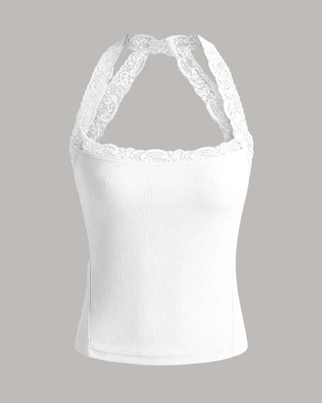 Halter Neckline Lace Trim Tank Top in White