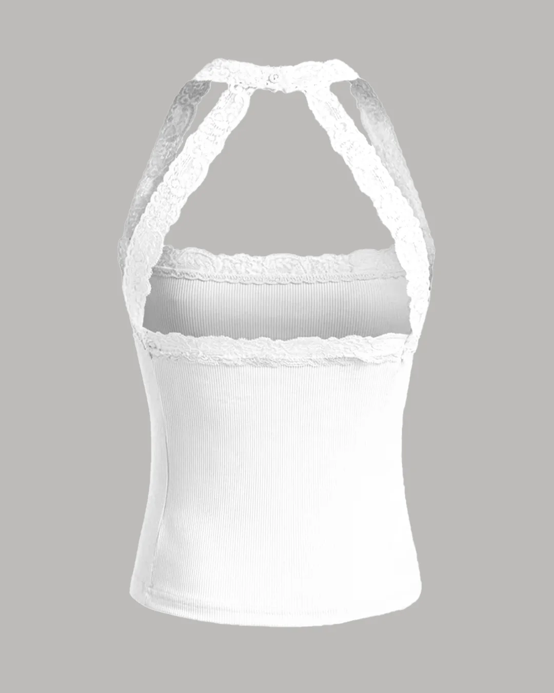 Halter Neckline Lace Trim Tank Top in White - Image 2