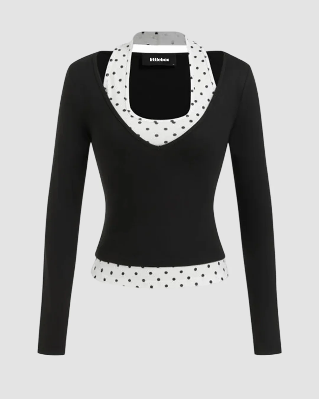 Halter Neckline Polka Dot Top & V Neck Long Sleeve Top in Black