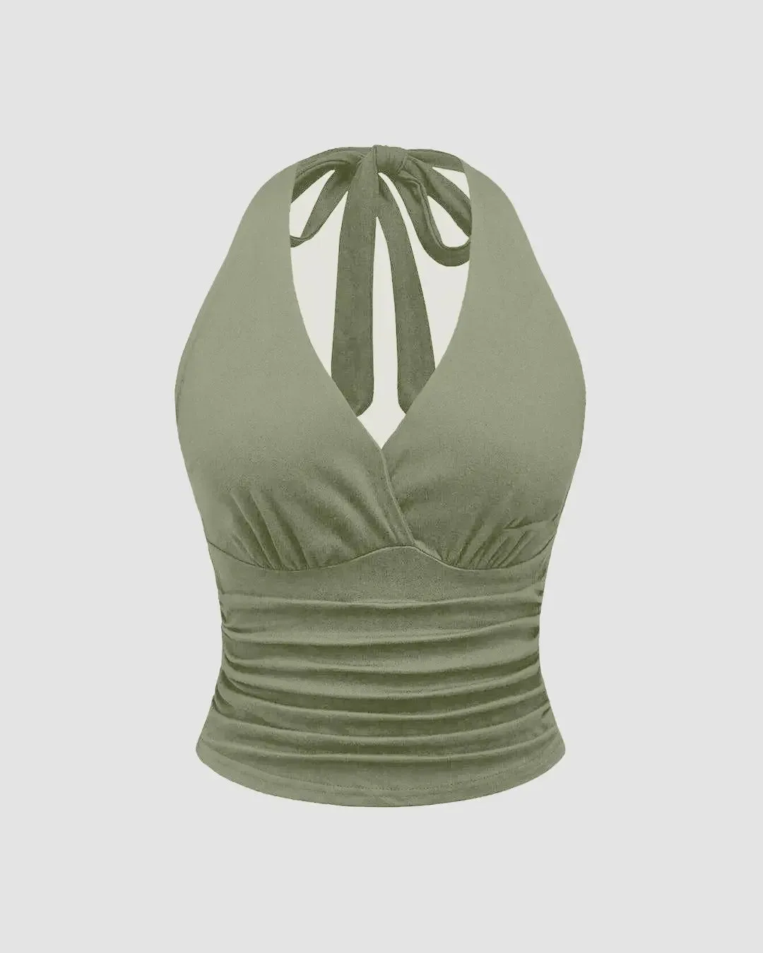 Halter Tie Waist Ruched Fitted Chic Glamour Herbal Green Tank Top