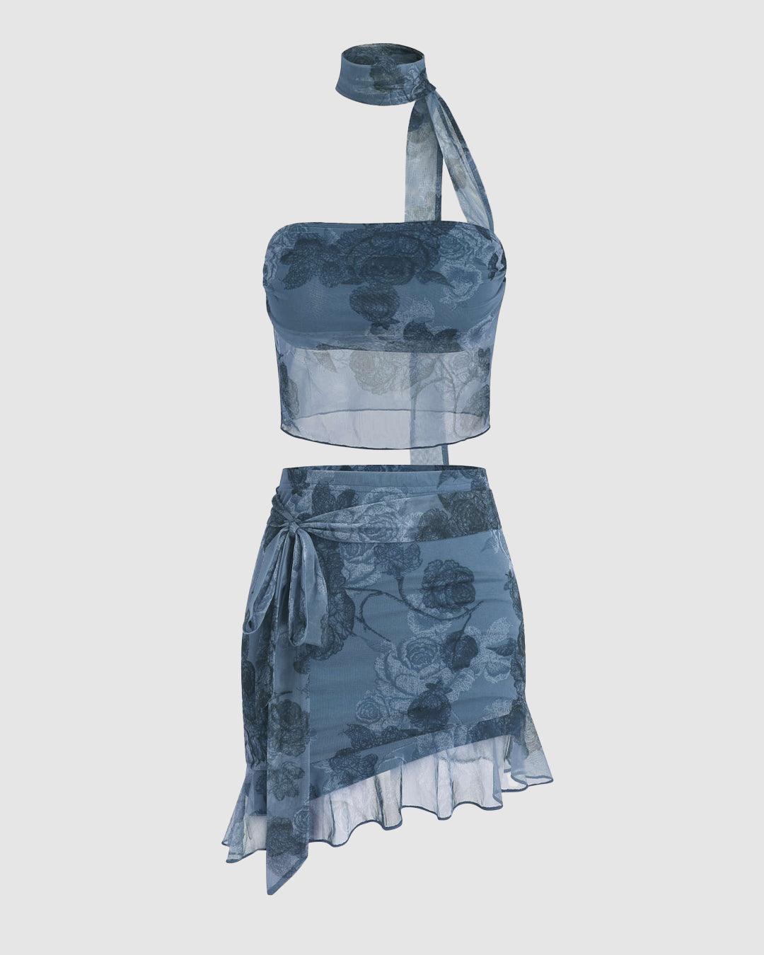 Halter Tube Top & High Waist Floral Knotted Mini Skirt In Blue