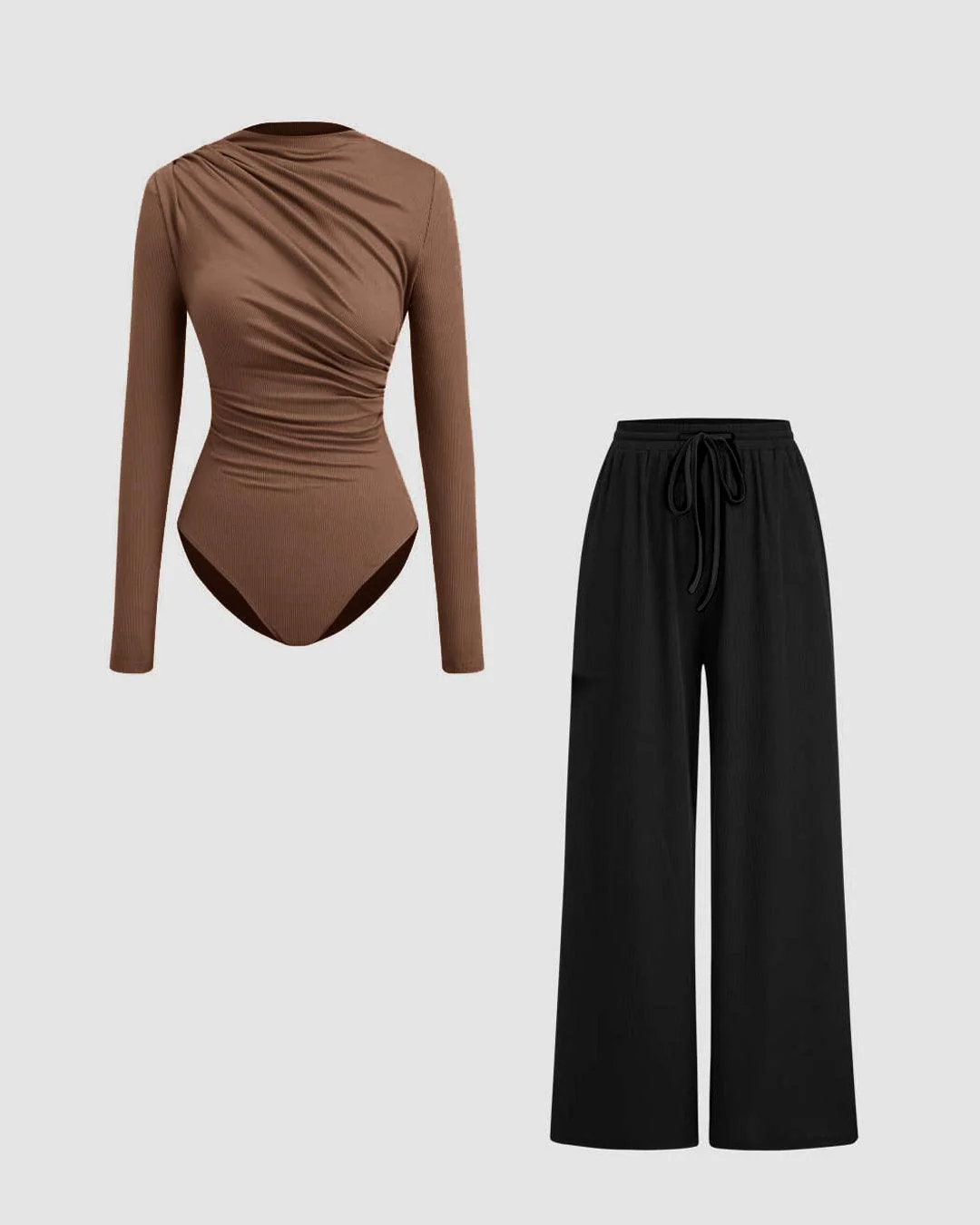 High Neck Ruched Long Sleeve Brown Top & Mid Rise Wide Leg Black Trousers Set