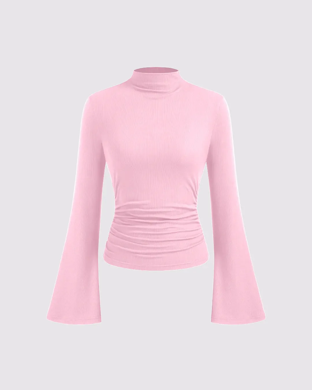 High Neck Ruched Long Sleeve Top In Pink