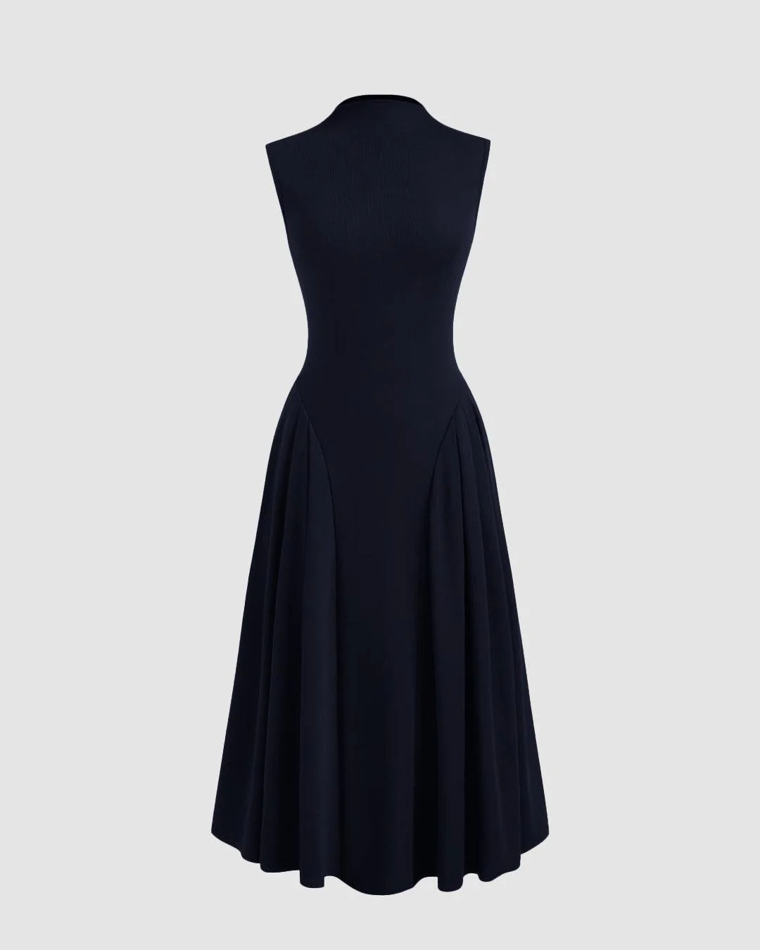 High Neck Solid Ruffle Midi Dress In Navy Blue