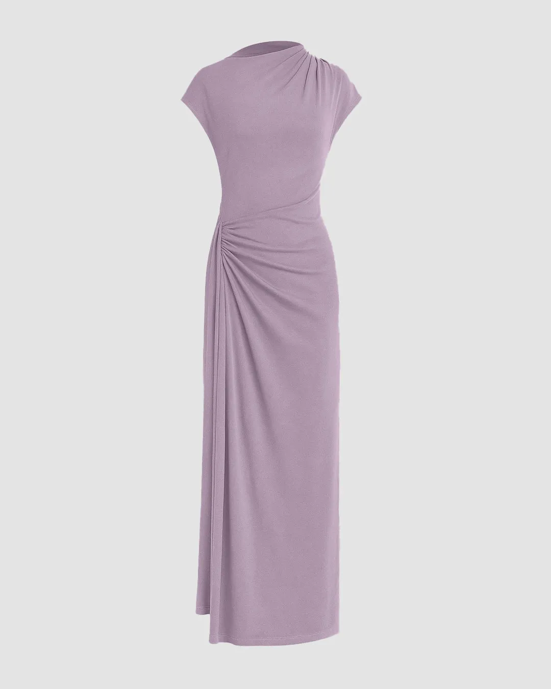 High Neck Solid Twist Ruched Split Maxi Dress In Lilac