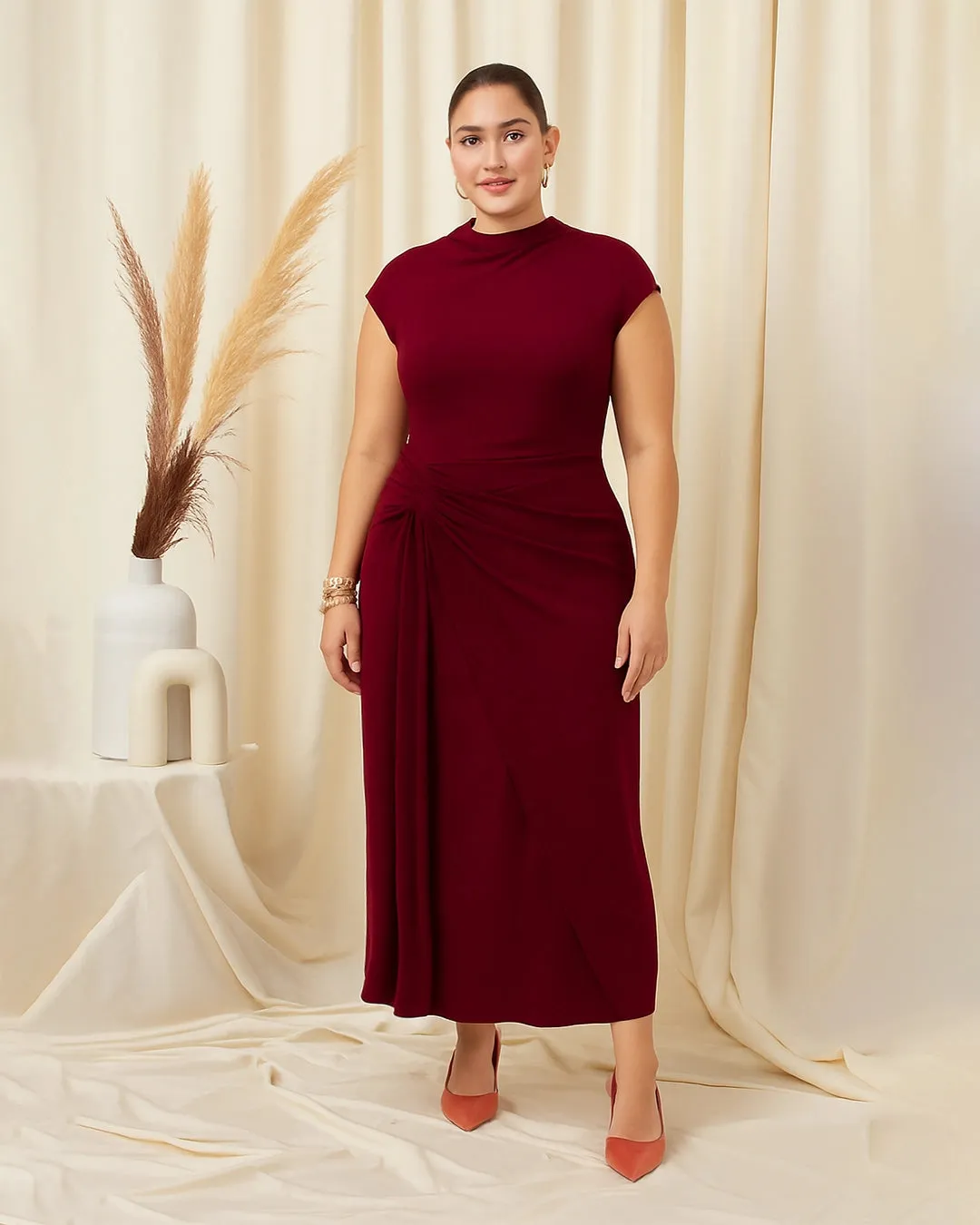 High Neck Twist Ruched Split Maxi Dress Curve & Plus In Redberry