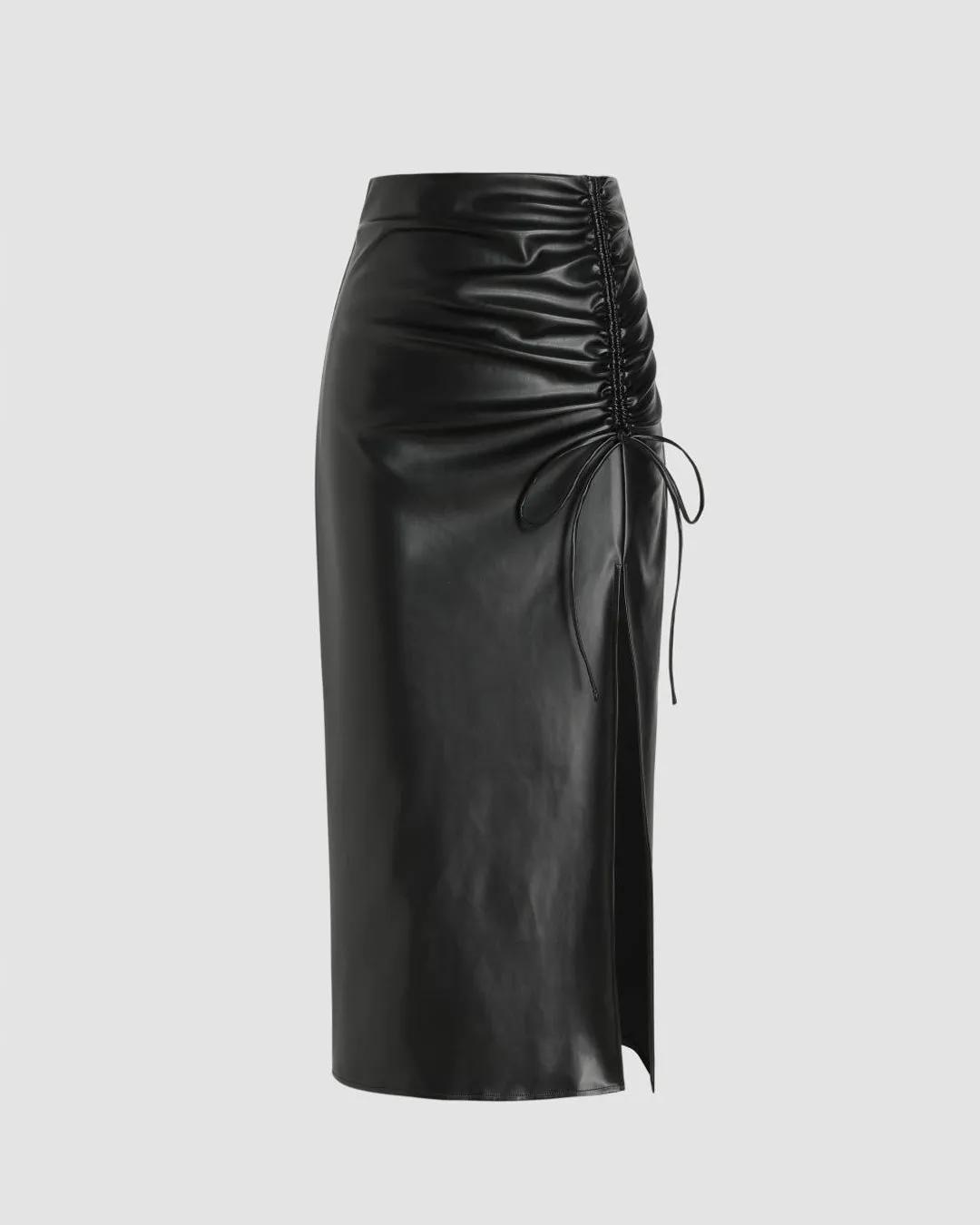 High Waist Drawstring Split Black Maxi Skirt