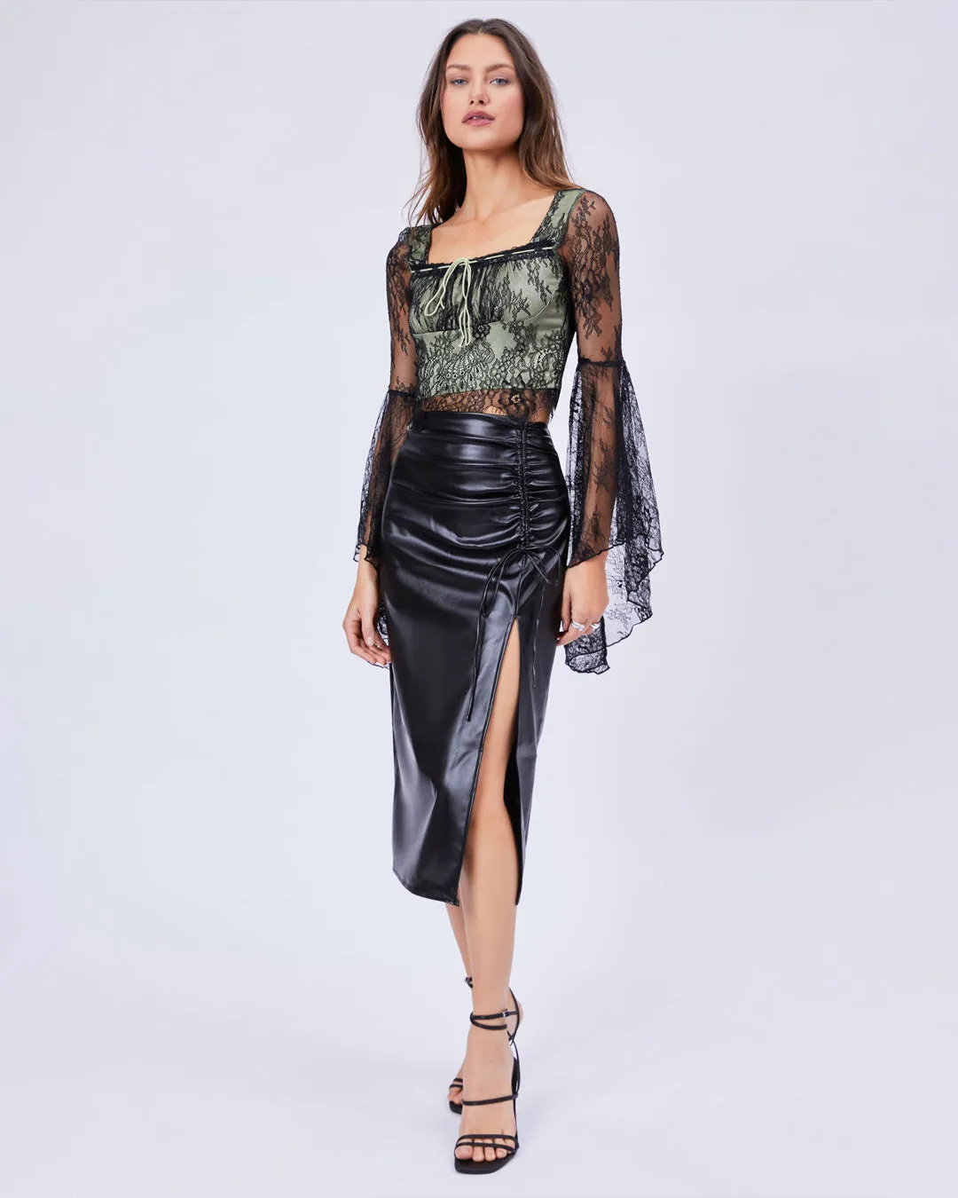 High Waist Drawstring Split Black Maxi Skirt - Image 3
