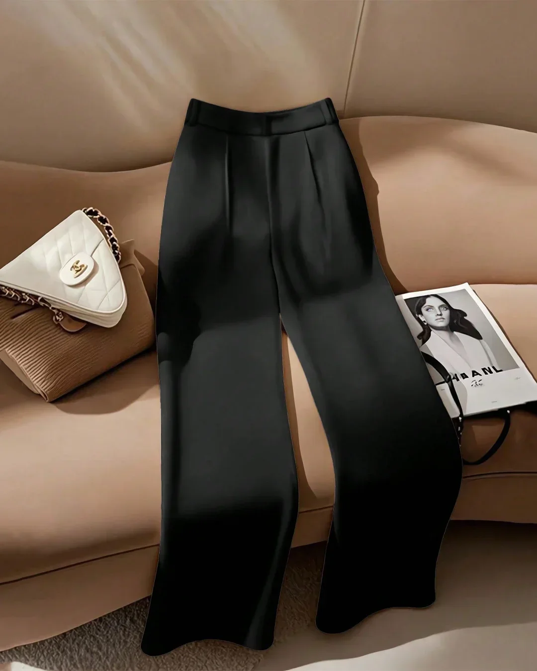 High-Waist Front-Slit Tailored Trousers in Black - Image 3