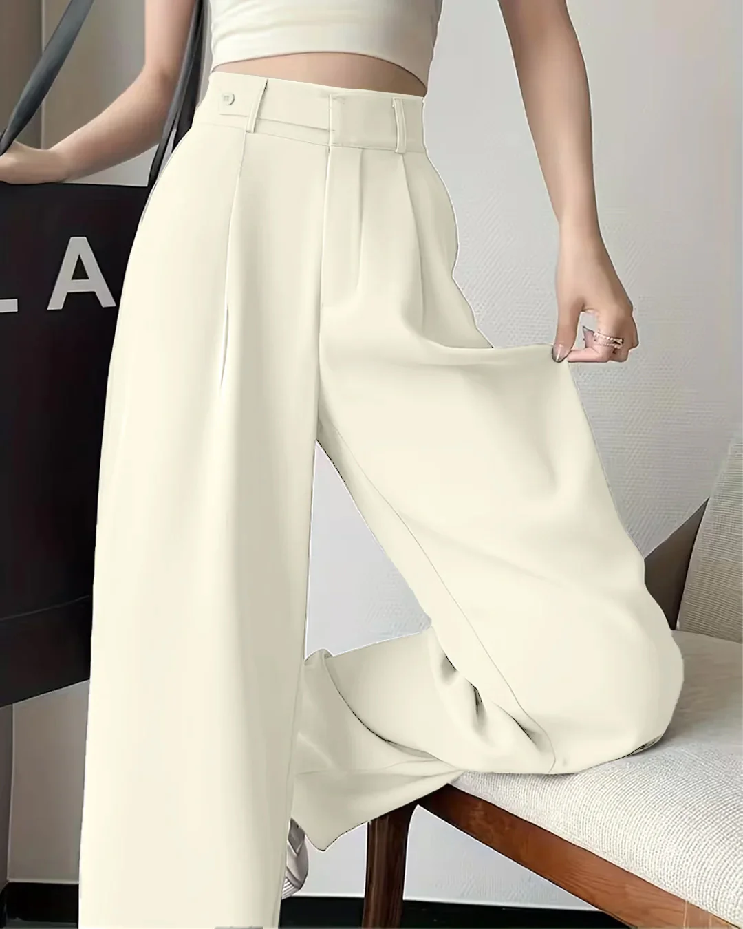High Waist Straight Loose Solid A Line Trouser in Beige