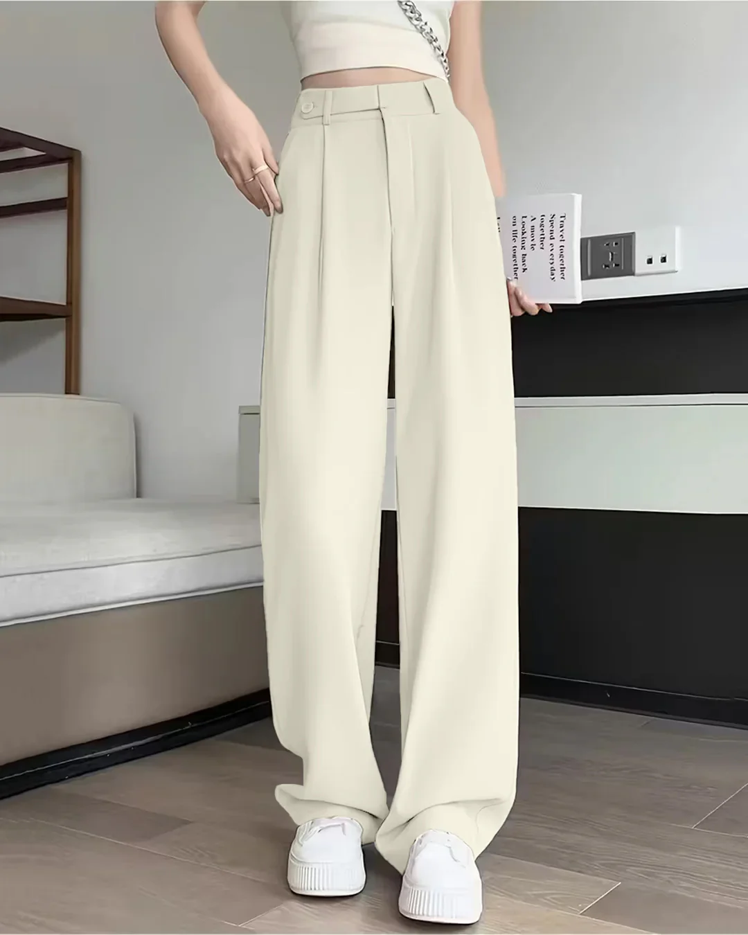 High Waist Straight Loose Solid A Line Trouser in Beige - Image 2
