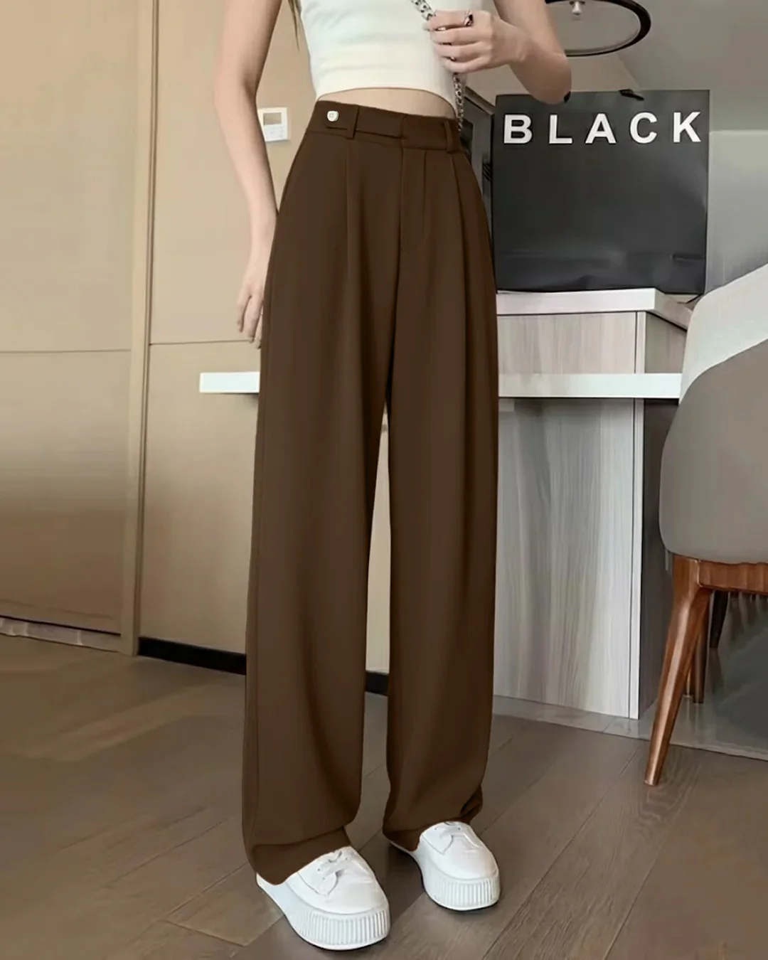 High Waist Straight Loose Solid A Line Trouser in Coco