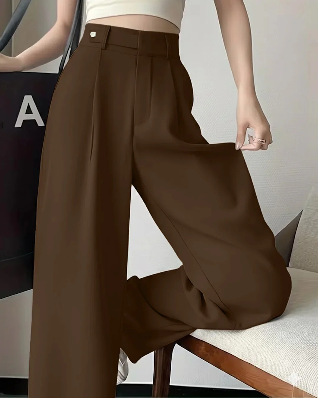 High Waist Straight Loose Solid A Line Trouser in Coco - Image 2